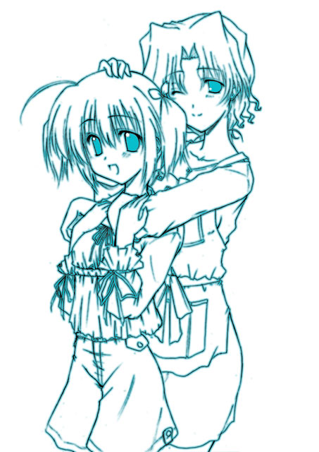 sankaku umako, yuzuhara haruka, yuzuhara konomi, to heart (series), to heart 2, 00s, 2girls, age difference, aqua theme, hug, hug from behind, monochrome, mother and daughter, multiple girls, one eye closed, smile, twintails, wink