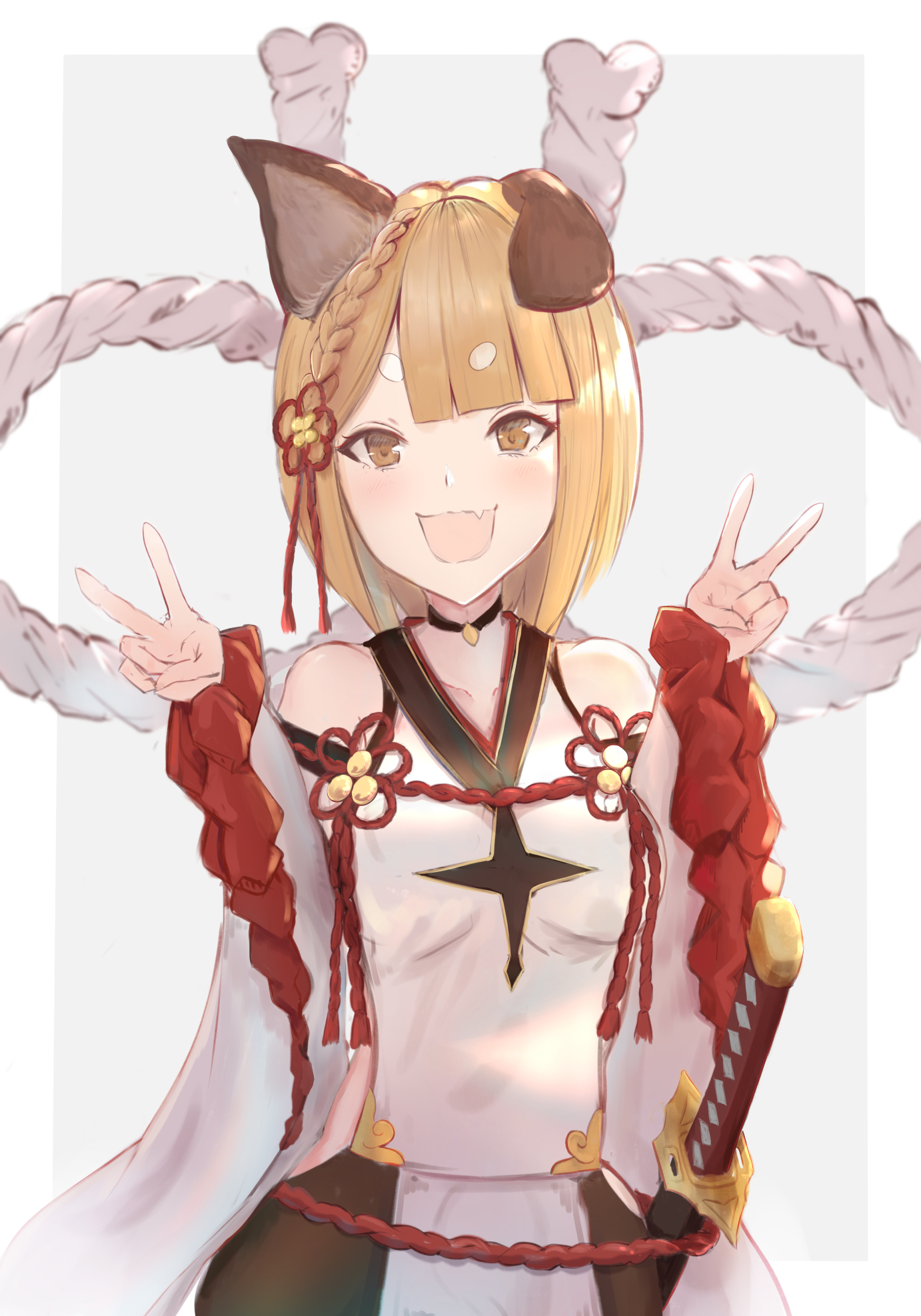 yukitourou, vajra (granblue fantasy), granblue fantasy, commentary request, highres, 1girl, animal ears, bare shoulders, black pantyhose, blonde hair, blunt bangs, bob cut, braid, breasts, brown eyes, choker, collarbone, cowboy shot, detached sleeves, dog ears, dog girl, double v, erune, fang, katana, looking at viewer, medium breasts, pantyhose, sheath, short eyebrows, side braid, skin fang, solo, sword, tabard, v, weapon, wide sleeves