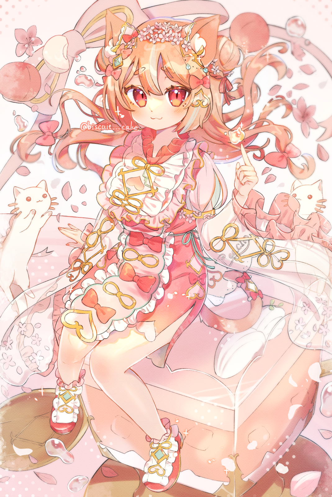 tsukumi bis, original, commentary, highres, symbol-only commentary, 1girl, :3, animal, animal ear fluff, animal ears, blush, bow, cat, cat ears, cat girl, cat tail, closed mouth, double-parted bangs, dress, food, frilled sleeves, frills, fruit, full body, hair bow, long hair, long sleeves, looking at viewer, orange hair, peach, red bow, red dress, red eyes, red shoes, shoes, sitting, smile, solo, tail, tail bow, tail ornament, twitter username, wide sleeves