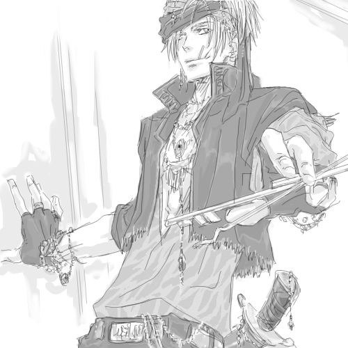 locke cole, final fantasy, final fantasy vi, lowres, 1990s (style), 1boy, gloves, greyscale, jacket, key, male focus, monochrome, one eye closed, solo, sword, weapon, white background, wink