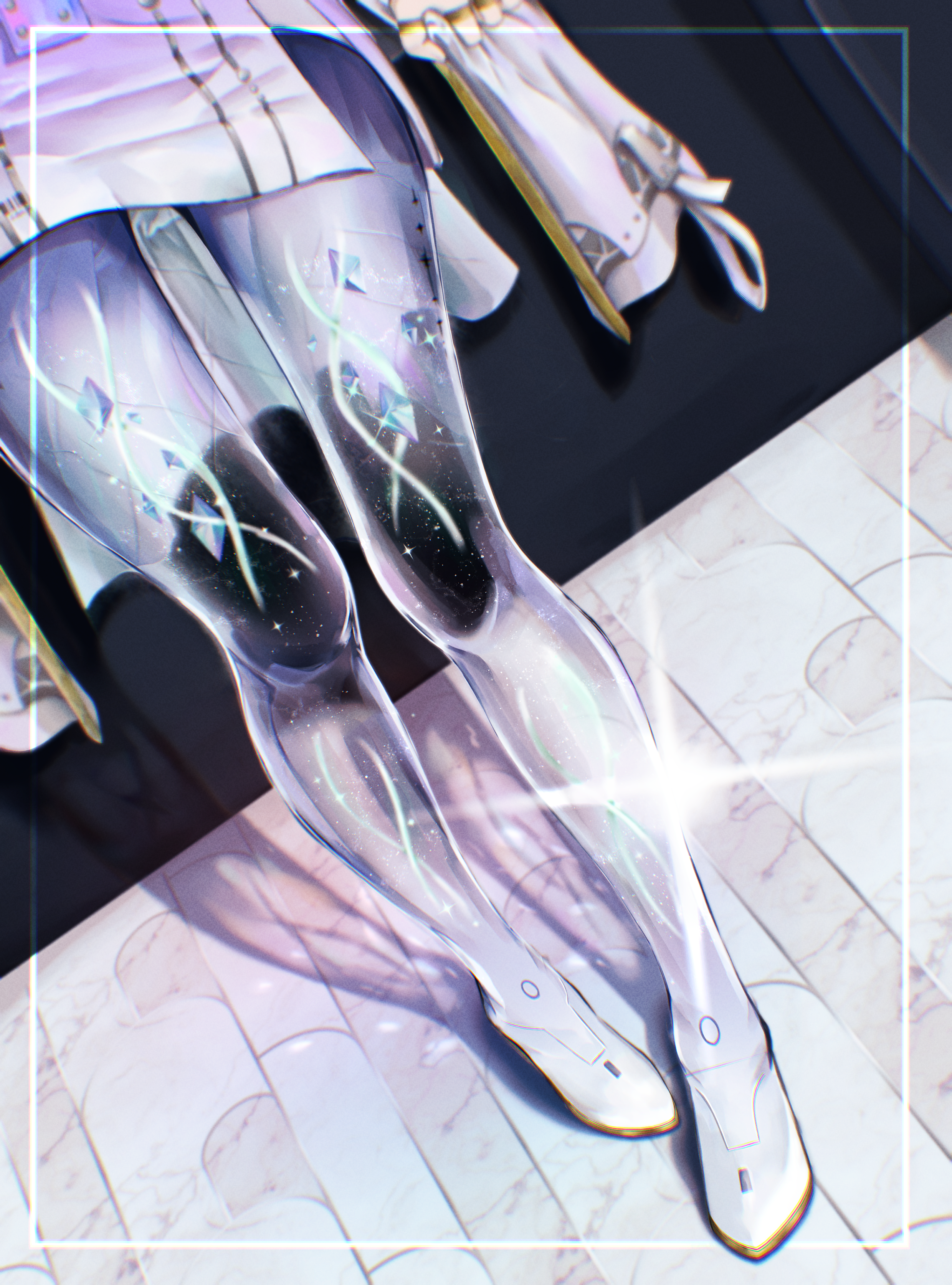 0 tsunamayo 0, mornye (wuthering waves), wuthering waves, absurdres, commentary, highres, 1girl, chromatic aberration, dress, glint, heavy chromatic aberration, leg focus, purple dress, see-through clothes, see-through legwear, sitting, solo, tacet mark (wuthering waves)