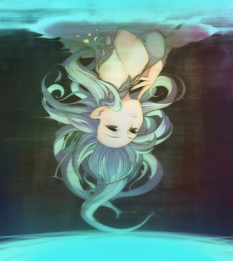 kimura daisuke, original, bad id, bad pixiv id, 1girl, aqua hair, bare shoulders, dress, female focus, green eyes, long hair, pointy ears, solo, upside-down