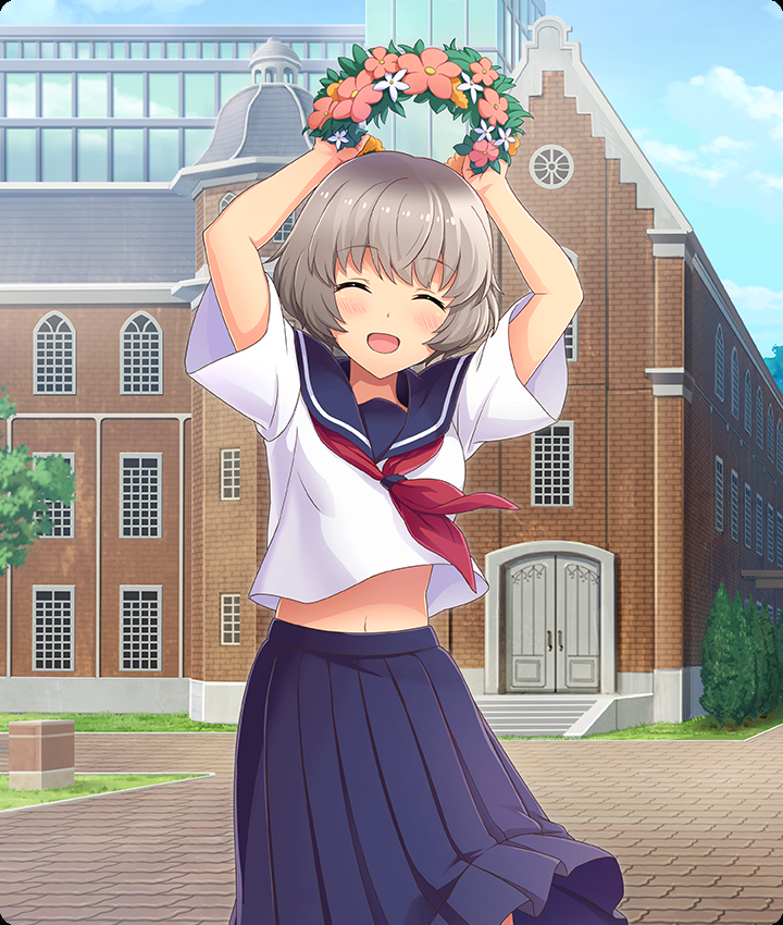 iwakura sanae, uiharu kazari, toaru kagaku no railgun, toaru majutsu no index, toji no miko, toji no miko: kizamishi issen no tomoshibi, game cg, official art, third-party source, 1girl, ^ ^, arms up, blue sailor collar, blue skirt, blue sky, blush, breasts, brick road, brown hair, building, closed eyes, cloud, cosplay, day, dot nose, facing viewer, feet out of frame, flower, flower wreath, head wreath, holding, holding head wreath, holding wreath, long skirt, midriff, navel, neckerchief, open mouth, outdoors, pink flower, red neckerchief, sailor collar, sakugawa school uniform, school uniform, serafuku, shirt, short hair, short sleeves, skirt, sky, small breasts, smile, solo, tree, uiharu kazari (cosplay), white flower, white shirt