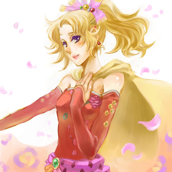 aduma, tina branford, final fantasy, final fantasy vi, bad id, bad pixiv id, 1990s (style), 1girl, blonde hair, cape, earrings, elbow gloves, female focus, gloves, jewelry, lipgloss, lips, long hair, ponytail, purple eyes, retro artstyle, smile, solo