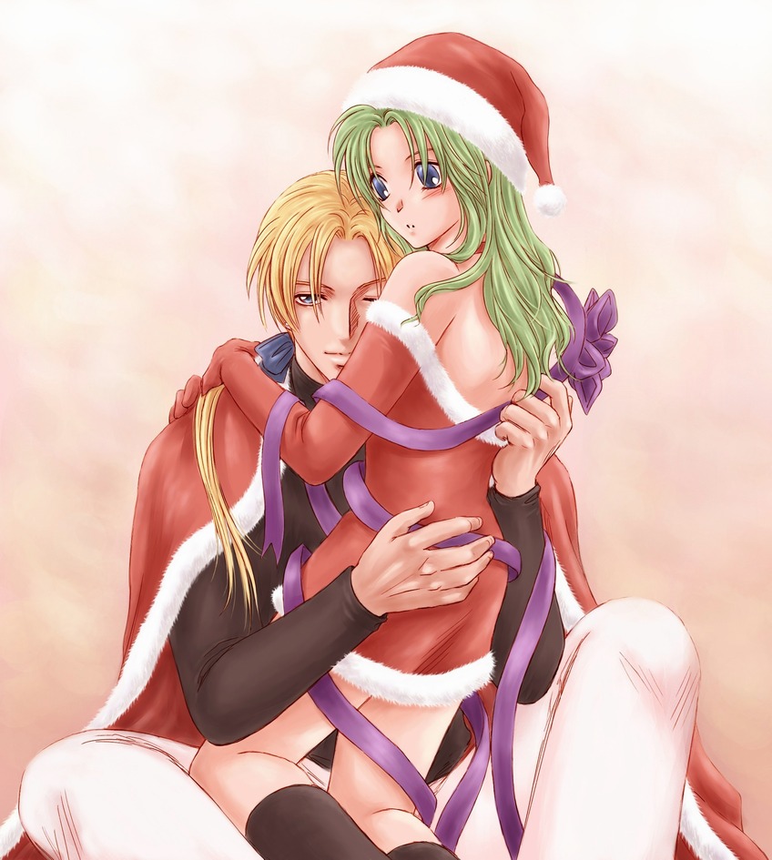 edgar roni figaro, tina branford, final fantasy, final fantasy vi, 1990s (style), ass, blonde hair, blue eyes, green hair, hat, holding, long hair, ponytail, ribbon, santa costume, santa hat, skirt, smile, wink