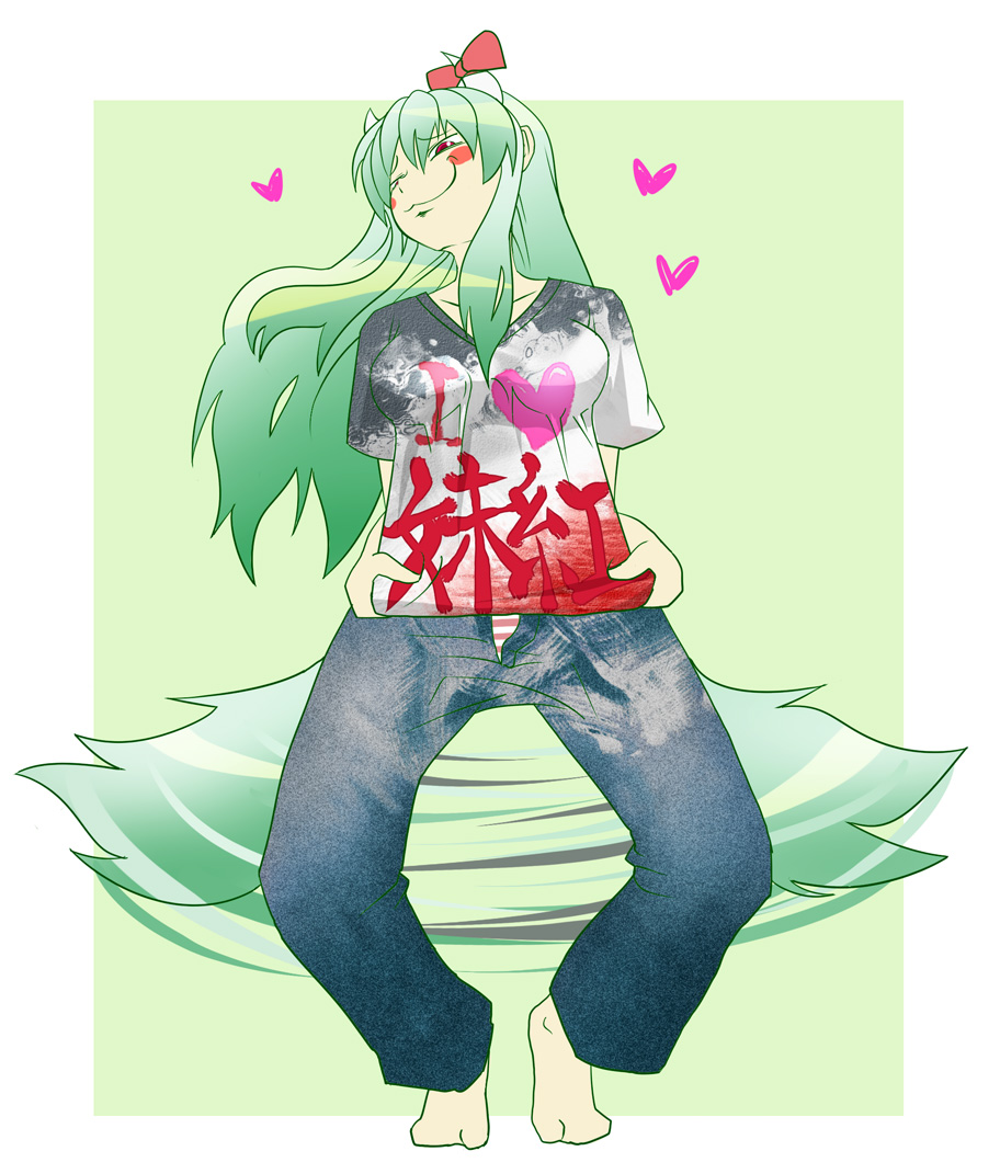 aduman, ganmen2525, ex-keine, kamishirasawa keine, touhou, bad id, bad pixiv id, 1girl, :3, alternate costume, bad anatomy, bad feet, barefoot, clothes writing, contemporary, female focus, green hair, heart, horn ornament, horn ribbon, horns, long hair, naughty face, panties, pants, poorly drawn, rape face, red eyes, ribbon, shirt, smirk, solo, striped clothes, striped panties, t-shirt, tail, tail wagging, underwear, unzipped, you gonna get raped