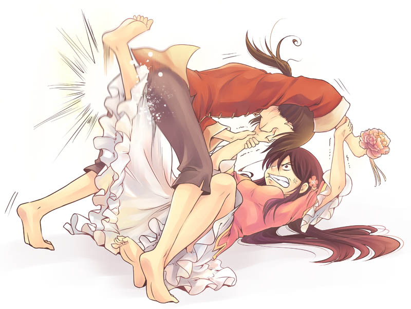 natsukijia, china (hetalia), taiwan (hetalia), axis powers hetalia, bad id, bad pixiv id, 00s, 1boy, 1girl, ahoge, angry, ball busting, barefoot, bdsm, brown hair, cbt, changpao, chinese clothes, clenched teeth, crotch kick, feet, flower, frills, gathers, hair flower, hair ornament, holding another's wrist, kicking, long hair, long skirt, motion blur, pinned, plum blossoms, ponytail, siblings, skirt, teeth, trembling, very long hair, wrestling