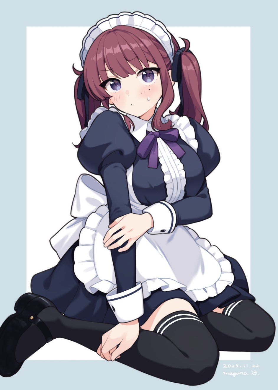 binchou maguro, natsuki karin, cevio, synthesizer v, commentary request, highres, 1girl, alternate costume, apron, black dress, black shoes, black thighhighs, blue border, blush, border, bow, bowtie, breasts, center frills, closed mouth, dated, dress, enmaided, frilled apron, frills, full body, juliet sleeves, long hair, long sleeves, looking at viewer, maid, maid headdress, mary janes, mole, mole under eye, outside border, puffy sleeves, purple bow, purple bowtie, purple eyes, red hair, shoes, signature, simple background, sitting, solo, striped clothes, striped thighhighs, sweatdrop, thighhighs, twintails, wariza, white apron, white background