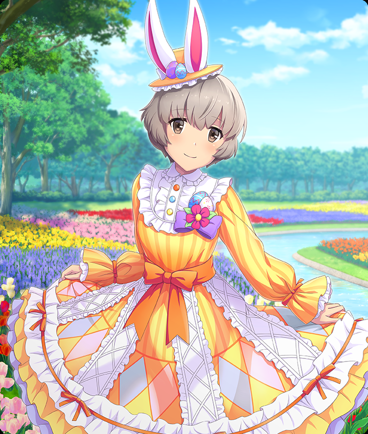 iwakura sanae, toji no miko, toji no miko: kizamishi issen no tomoshibi, game cg, official art, third-party source, 1girl, animal ears, blue sky, blush, bow, bow flower, breasts, brown eyes, brown hair, closed mouth, cloud, day, diamond print, dot nose, dress, easter, easter egg, egg, fake animal ears, feet out of frame, flower, flower bed, frilled dress, frilled hat, frills, hat, hat with ears, head tilt, long skirt, long sleeves, looking at viewer, medium breasts, mini hat, nature, orange bow, orange flower, orange hat, orange ribbon, outdoors, pink flower, pinstripe dress, pinstripe pattern, print skirt, purple bow, purple flower, rabbit ears, red flower, ribbon, river, short hair, skirt, skirt hold, sky, smile, solo, striped clothes, striped dress, tree, vertical-striped clothes, vertical-striped dress, waist bow, waist ribbon, yellow dress, yellow flower