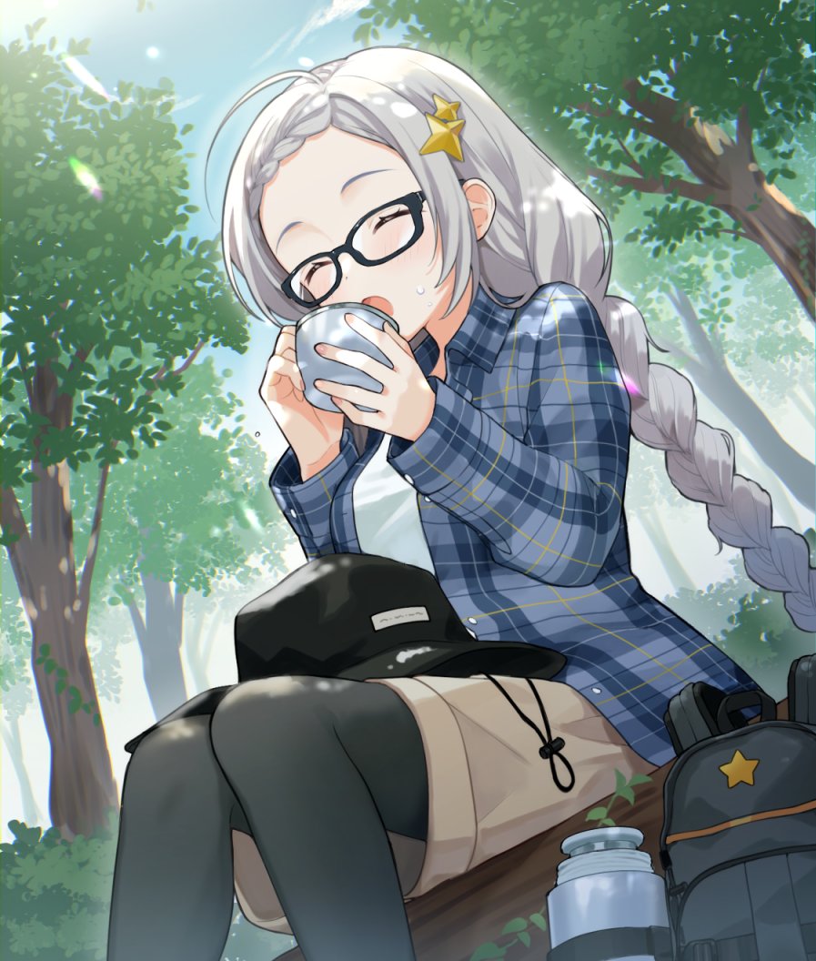 binchou maguro, kizuna akari, vocaloid, voiceroid, commentary request, commission, skeb commission, 1girl, ahoge, alternate costume, backpack, bag, black-framed eyewear, black hat, black pantyhose, blue jacket, blush, braid, brown shorts, closed eyes, cup, day, feet out of frame, forehead, glasses, grey hair, hat, holding, holding cup, jacket, long hair, long sleeves, open clothes, open jacket, open mouth, outdoors, pantyhose, pantyhose under shorts, plaid clothes, plaid jacket, shirt, shorts, sitting, solo, sparkle hair ornament, tree, unworn hat, unworn headwear, white shirt