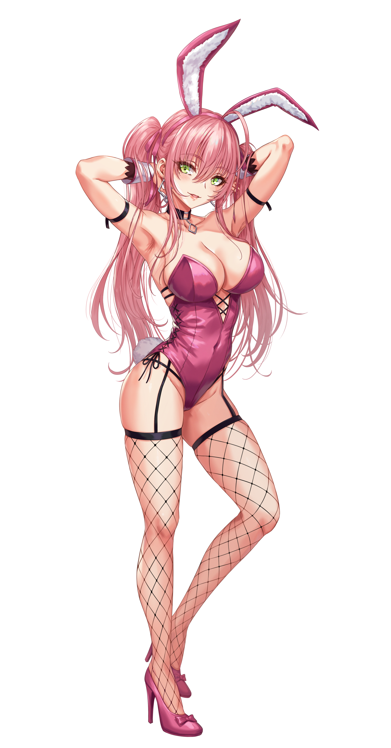 sakiyamama, original, absurdres, commentary request, figure available, highres, merchandise available, 1girl, animal ears, arm strap, armpits, bare shoulders, breasts, comiket 107, covered navel, earrings, fake animal ears, fishnet thighhighs, fishnets, full body, green eyes, high heels, jewelry, large breasts, legs, leotard, long hair, looking at viewer, parted lips, pink hair, pink leotard, pink shoes, playboy bunny, rabbit ears, shoes, simple background, smile, solo, strapless, strapless leotard, thighhighs, thighs, twintails, white background
