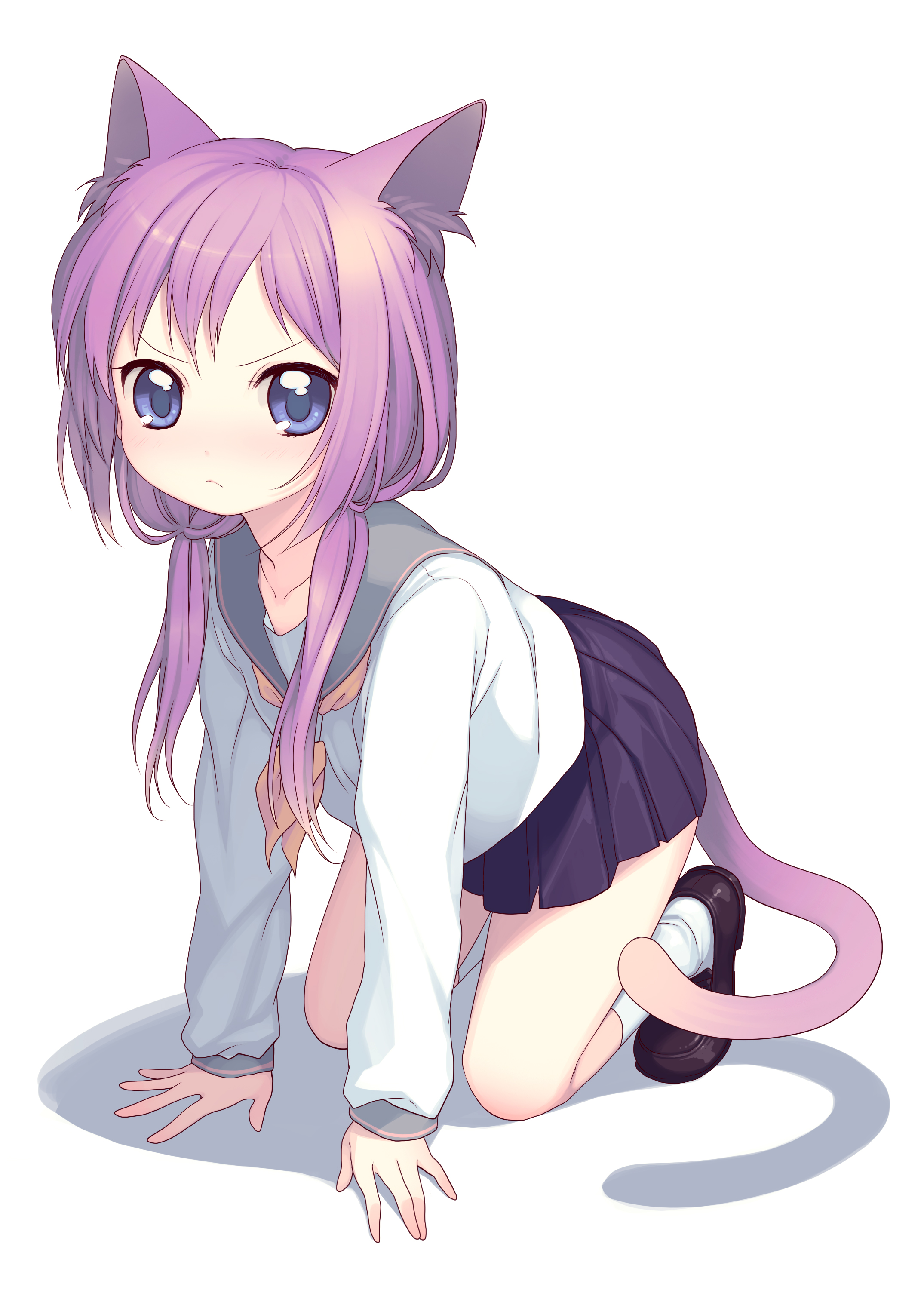 kimura daisuke, namori, original, white legwear, absurdres, bad id, bad pixiv id, highres, 1girl, all fours, angry, animal ears, blue eyes, blush, cat ears, cat tail, female focus, frown, full body, loafers, long hair, looking at viewer, low twintails, pleated skirt, purple eyes, purple hair, school uniform, serafuku, shoes, simple background, skirt, solo, tail, tareme, twintails, white background