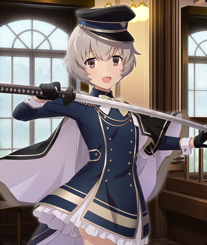 iwakura sanae, toji no miko, toji no miko: kizamishi issen no tomoshibi, game cg, official art, third-party source, 1girl, :d, black gloves, blue dress, blue hat, brown eyes, brown hair, buttons, cowboy shot, day, dot nose, double-breasted, dress, frosted glass, gloves, hands up, hanging light, hat, holding, holding sword, holding weapon, indoors, katana, long sleeves, looking at viewer, military hat, military uniform, open mouth, short hair, smile, solo, sword, taishou, weapon, window
