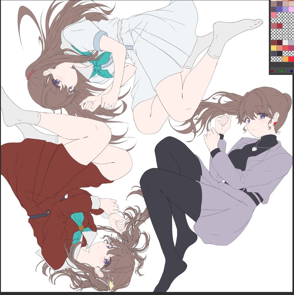 rakinegimagi, fujishima megumi, fujishima megumi (post-graduation), link! like! love live!, love live!, unfinished, 1girl, aqua neckerchief, art program in frame, black pantyhose, black sweater, breasts, brown dress, brown hair, chain, chain necklace, closed mouth, dress, earrings, floating hair, foot out of frame, grey jacket, grey skirt, hair ornament, hair ribbon, hasu no sora school uniform, heart, heart earrings, heart necklace, jacket, jewelry, large breasts, long hair, long sleeves, looking at viewer, medium dress, miniskirt, multiple views, neckerchief, necklace, no shoes, on your mark (love live!), open clothes, open jacket, pantyhose, parted lips, pleated dress, pleated skirt, ponytail, puffy short sleeves, puffy sleeves, purple eyes, ribbon, rotational symmetry, sailor collar, sailor dress, school uniform, short sleeves, sidelocks, simple background, skirt, smile, socks, suit jacket, summer uniform, sweater, triangle hair ornament, turtleneck, turtleneck sweater, twintails, two side up, virtual youtuber, white background, white dress, white ribbon, white sailor collar, white socks, winter uniform