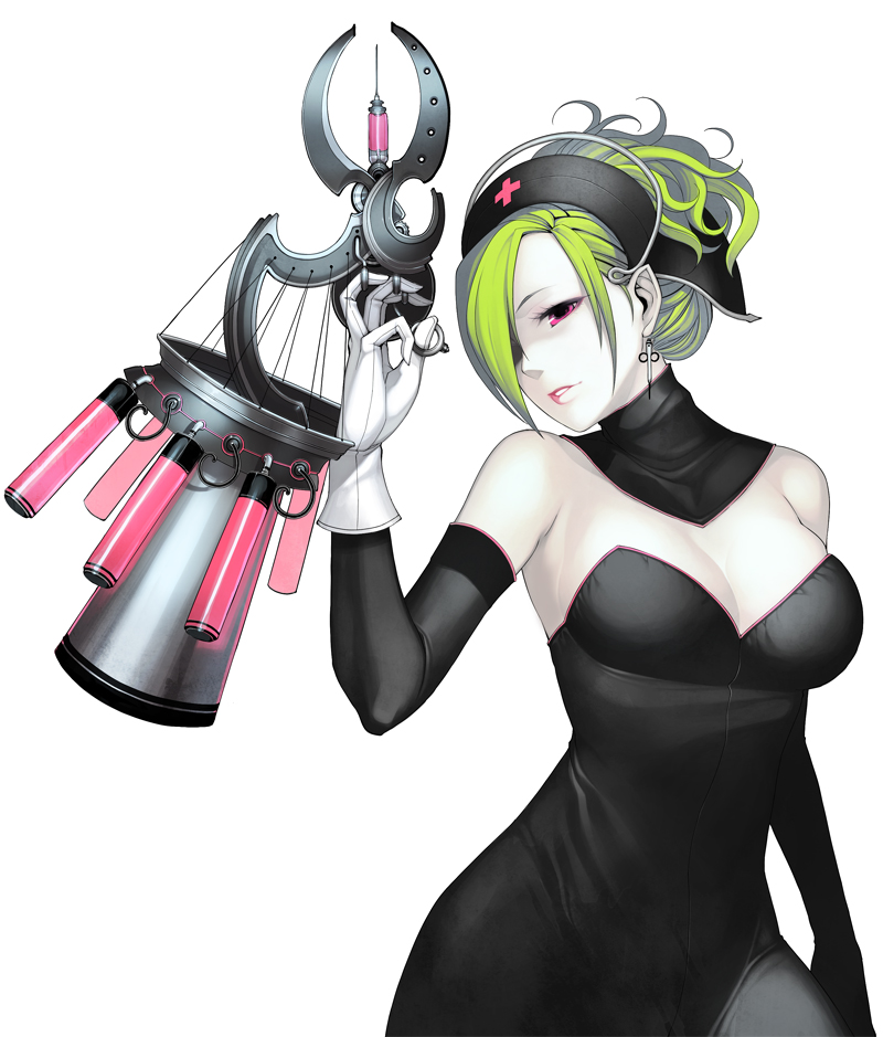 kimura daisuke, original, bad id, bad pixiv id, 1girl, bare shoulders, breasts, cleavage, earrings, elbow gloves, female focus, gloves, green hair, jewelry, large breasts, pale skin, red eyes, simple background, solo, syringe, white background