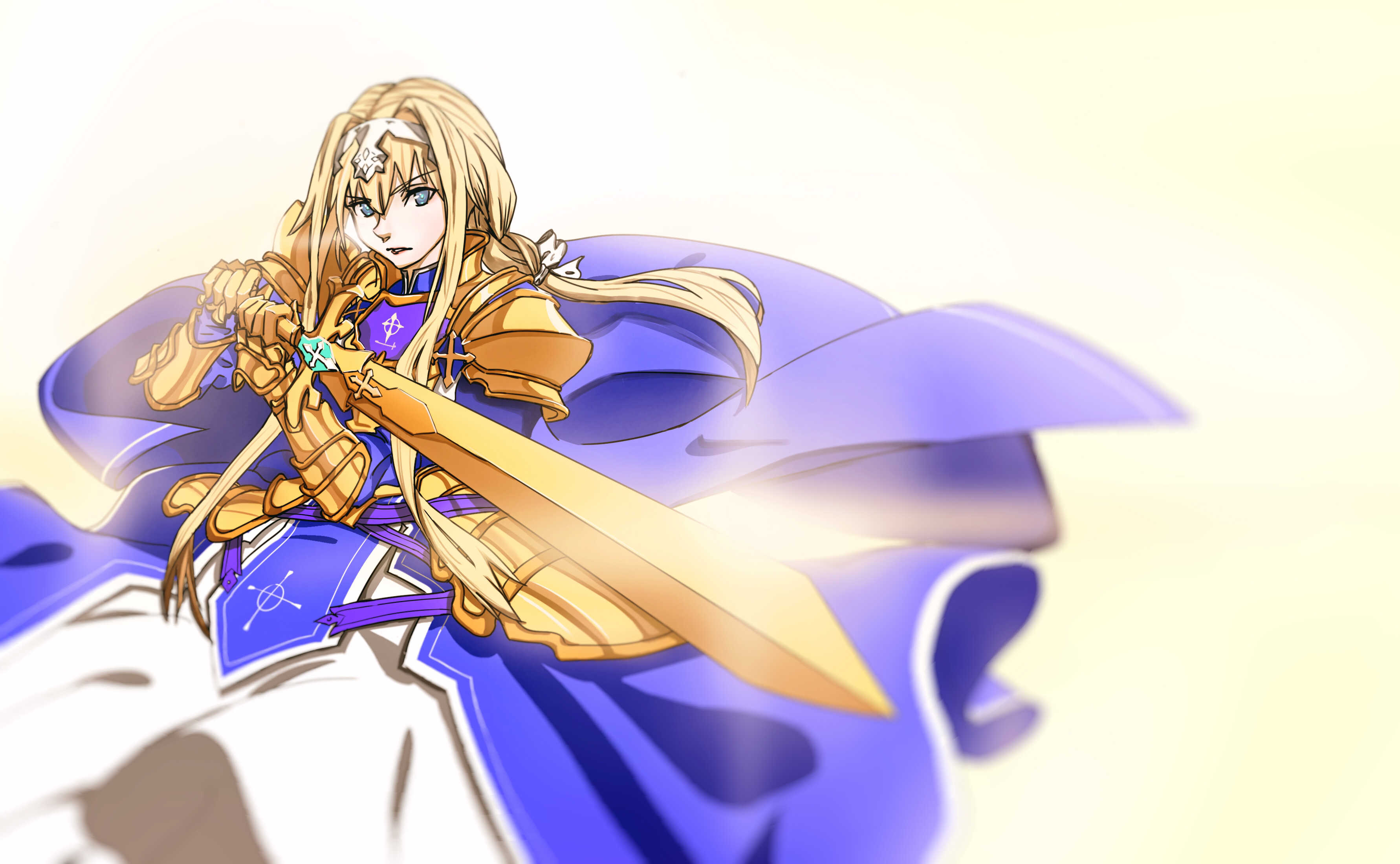 accelerator1111, alice zuberg, sword art online, sword art online: alicization, absurdres, commentary request, highres, 1girl, armor, blonde hair, blue dress, blue eyes, bow, bridal gauntlets, cape, dress, hair between eyes, headpiece, long hair, looking at viewer, sidelocks, solo, tabard, very long hair, white bow, white dress