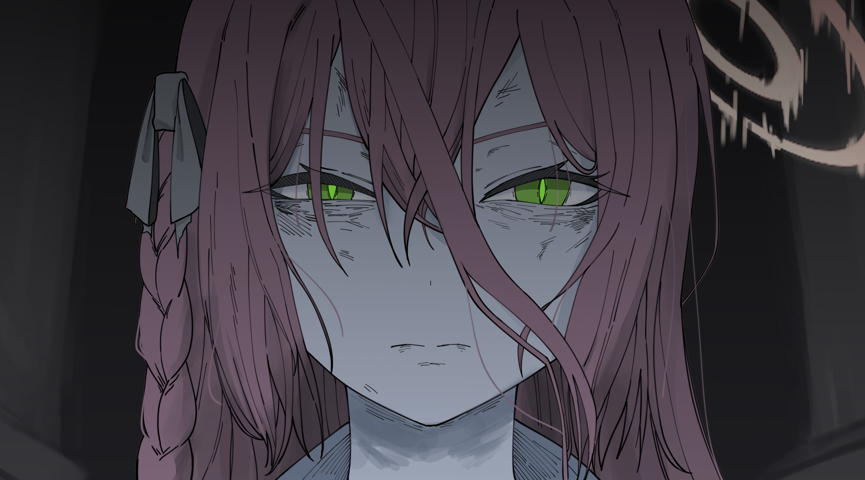 hanako (blue archive), blue archive, commentary, highres, 1girl, braid, bright pupils, bruise, bruise on face, closed mouth, distorted halo, green eyes, hair between eyes, hair ribbon, half-closed eyes, halo, injury, long bangs, pink hair, pink halo, portrait, reze's eye twitch (chainsaw man), ribbon, shirt, single braid, smile 5m1le, solo, v-shaped eyebrows, white ribbon, white shirt