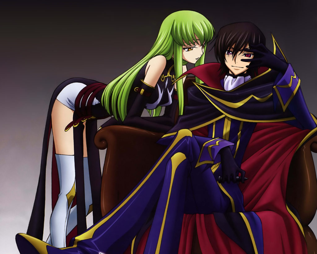 c.c., lelouch vi britannia, zero (code geass), code geass, 00s, 1boy, 1girl, couple, geass, gloves, green hair, hetero, smile, thighhighs, yellow eyes