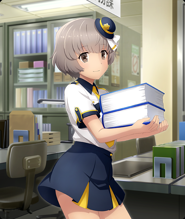 iwakura sanae, toji no miko, toji no miko: kizamishi issen no tomoshibi, game cg, official art, third-party source, 1girl, blue hat, blue skirt, book, book stack, bowler hat, brown eyes, brown hair, cabinet, ceiling, ceiling light, chair, closed mouth, cowboy shot, desk, desk lamp, dot nose, from side, hat, holding, holding book, indoors, lamp, looking at viewer, looking to the side, mini hat, necktie, office, police, police hat, police uniform, policewoman, shirt, short hair, short sleeves, sign, skirt, smile, solo, swivel chair, tile ceiling, tiles, tilted headwear, white shirt, yellow necktie