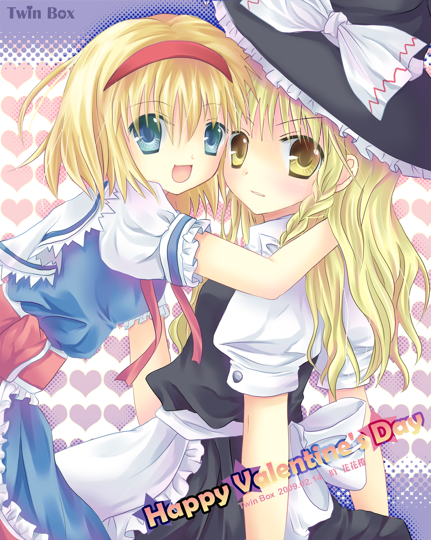 hanahanamaki, alice margatroid, kirisame marisa, touhou, bad id, bad pixiv id, highres, 2girls, blonde hair, blue eyes, braid, female focus, hairband, hat, long hair, multiple girls, open mouth, ribbon, short hair, witch, witch hat, yellow eyes