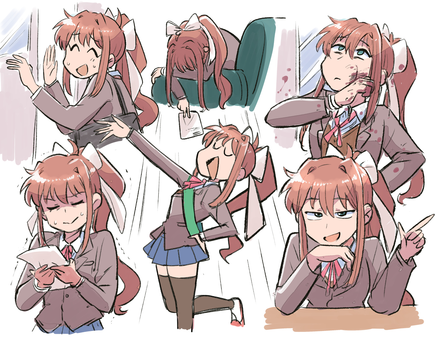 tsubobot, monika (doki doki literature club), doki doki literature club, 1girl, ^ ^, armchair, bag, blood, blood on clothes, blood on face, blood splatter, blue eyes, bow, brown hair, brown suit, brown thighhighs, chair, closed eyes, closed mouth, covering face, doki doki literature club school uniform, elbow rest, formal clothes, full body, hair bow, hand on own hip, high collar, holding, holding paper, long sleeves, looking at viewer, looking up, multiple views, open mouth, paper, pink ribbon, pointing, pointing up, ponytail, ribbon, school uniform, shirt, shoulder bag, sidelocks, smile, suit, sweatdrop, thighhighs, upper body, white bow, white shirt, zettai ryouiki