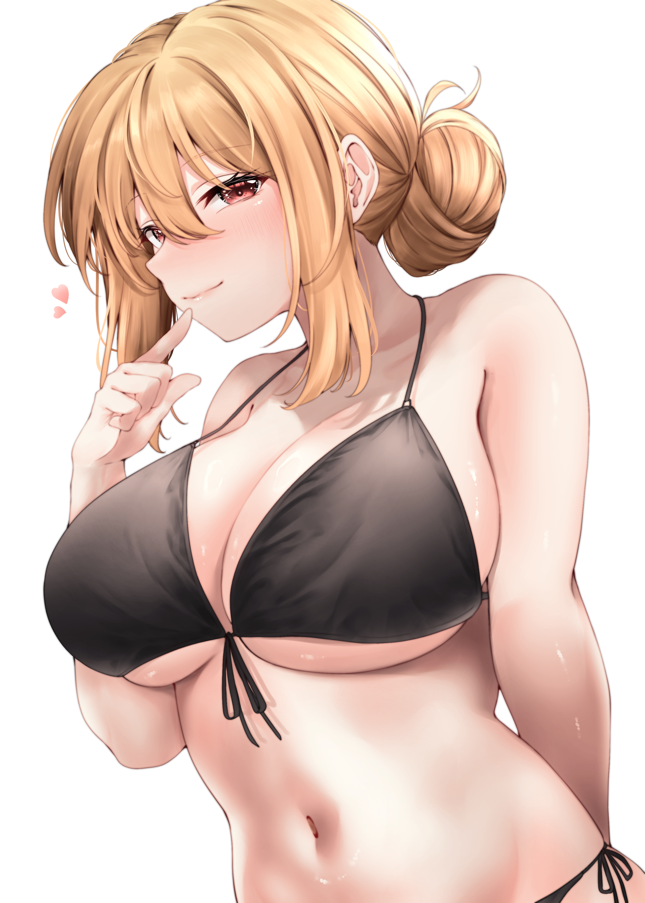 red hayao, yuigahama yui's mother, yahari ore no seishun lovecome wa machigatteiru., absurdres, commentary request, highres, 1girl, arm behind back, bare shoulders, bikini, black bikini, blonde hair, blush, breasts, cleavage, closed mouth, collarbone, finger to mouth, front-tie bikini top, front-tie top, hair between eyes, hair bun, hand up, heart, large breasts, looking at viewer, mature female, navel, red eyes, short hair, side-tie bikini bottom, sideboob, sidelocks, simple background, single hair bun, smile, solo, stomach, swimsuit, underboob, upper body, white background