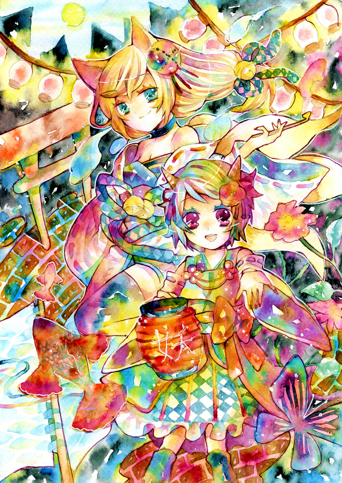 legomaru, original, bad id, bad pixiv id, highres, painting (medium), traditional media, watercolor (medium), 2girls, animal ears, blonde hair, choker, colorful, detached sleeves, fish, flower, fox, goldfish, hair ornament, horns, kiseru, lantern, multiple girls, paper lantern, smoking pipe, torii