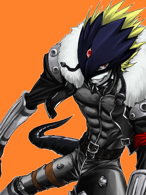 yukiji (mogari), beelzebumon, digimon, digimon tamers, 00s, 1boy, demon, digimon (creature), leather, male focus, monster, red eyes, seven great demon lords, smile, smirk, solo, tail