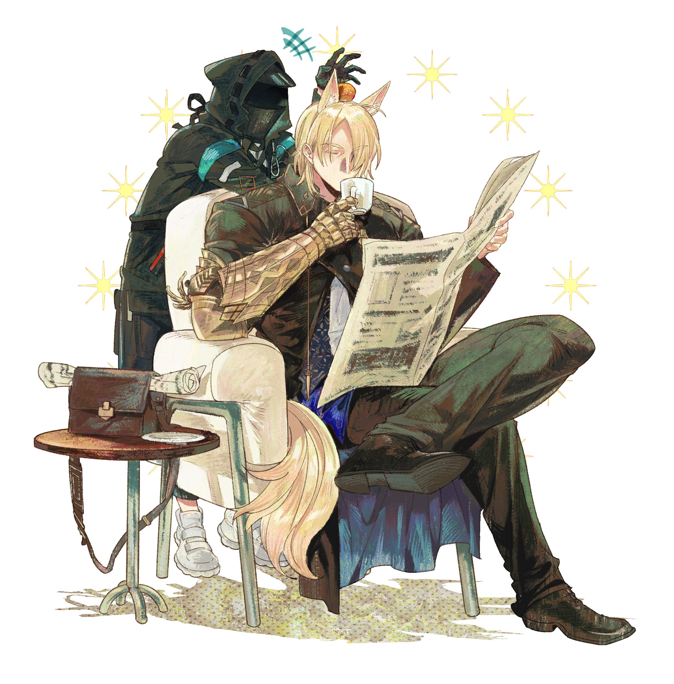 blackcatlandr, doctor (arknights), mlynar (arknights), arknights, commentary request, highres, 1boy, 1other, animal ears, black pants, blonde hair, food, food on head, fruit, holding, holding newspaper, hood, hood up, horse boy, horse ears, horse tail, mandarin orange, newspaper, object on head, pants, sitting, table, tail