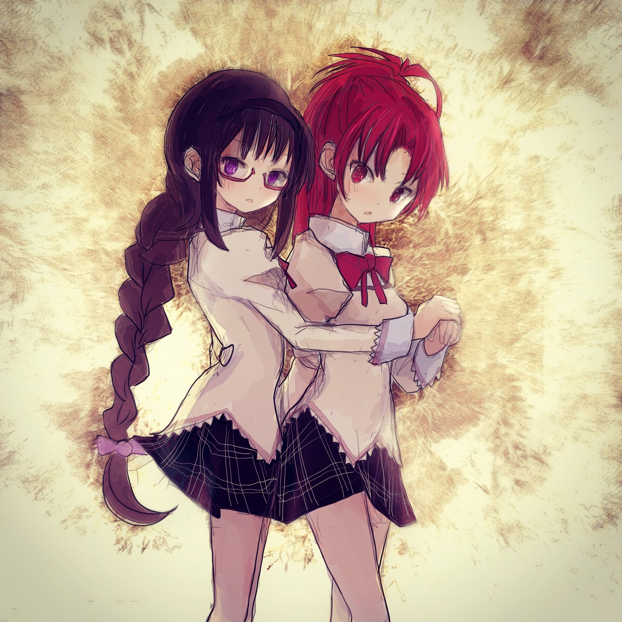 86thunder, akemi homura, sakura kyoko, mahou shoujo madoka magica, commentary request, highres, black hair, black hairband, blush, bow, braid, braided ponytail, breasts, dress bow, feet out of frame, hair bow, hairband, hand on another's hand, long hair, looking at viewer, looking to the side, medium breasts, mitakihara school uniform, purple bow, purple eyes, red-framed eyewear, red bow, red eyes, red hair, school uniform, sidelocks, standing