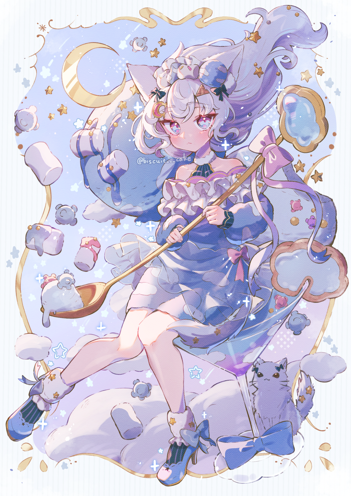 tsukumi bis, original, commentary, highres, symbol-only commentary, 1girl, animal, animal ear fluff, animal ears, bare shoulders, black bow, blue bow, blue dress, blue eyes, blue hair, blue shoes, blush, bow, cat, cat ears, cat girl, closed mouth, crescent, dress, food, full body, hair bow, high heels, holding, holding spoon, long hair, looking at viewer, marshmallow, off-shoulder dress, off shoulder, oversized object, shoes, solo, spoon, twitter username