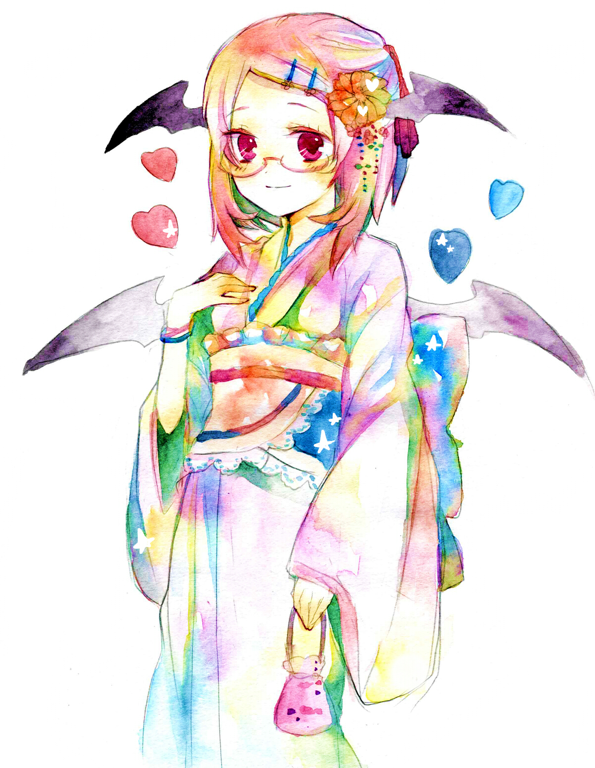 legomaru, koakuma, embodiment of scarlet devil, touhou, bad id, bad pixiv id, highres, painting (medium), traditional media, watercolor (medium), 1girl, bespectacled, bracelet, female focus, glasses, hair ornament, hairclip, head wings, heart, japanese clothes, jewelry, red eyes, red hair, solo, white background, wings