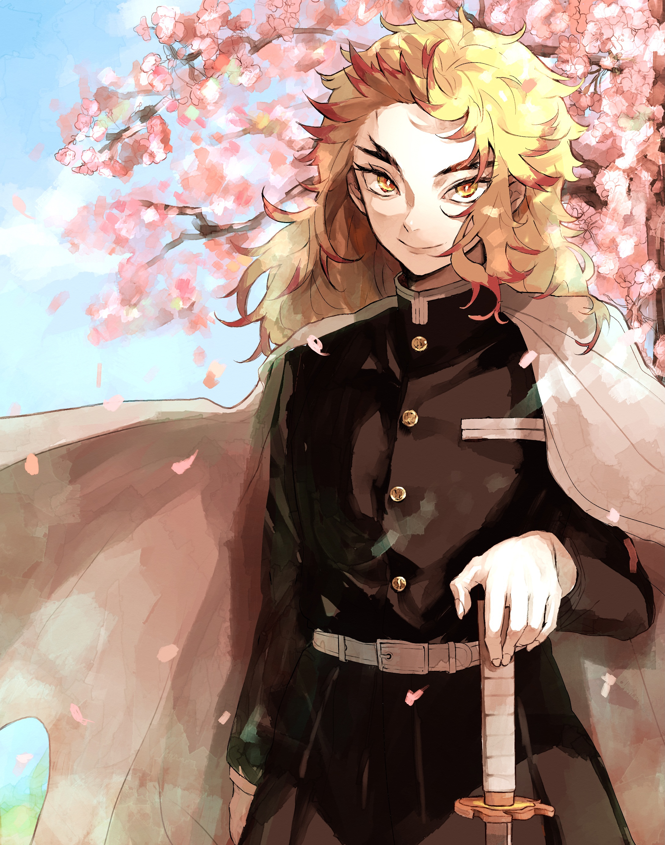 tokoame, rengoku kyoujurou, kimetsu no yaiba, absurdres, commentary, highres, symbol-only commentary, 1boy, blonde hair, cherry blossoms, demon slayer uniform, forked eyebrows, long hair, looking at viewer, male focus, messy hair, orange eyes, petals, smile, solo, sword, weapon
