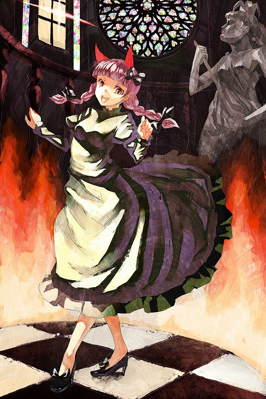 ry ysd, yasumo (kuusouorbital), kaenbyou rin, touhou, bad id, bad pixiv id, 1girl, animal ears, blunt bangs, braid, cat ears, cat girl, checkered floor, extra arms, female focus, fire, floor, hair ribbon, high heels, red eyes, red hair, ribbon, shoes, short hair, solo, stained glass, statue, twin braids, twintails