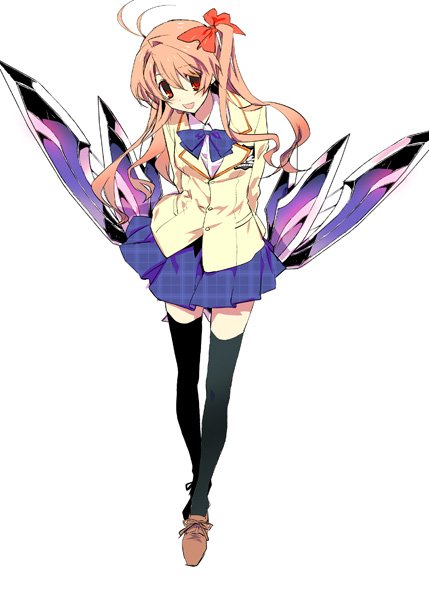 sumi hei, sakihata rimi, chaos;head, science adventure, commentary request, 1girl, ahoge, arms behind back, black thighhighs, blazer, blue bow, blue bowtie, blue skirt, bow, bowtie, brown shoes, collared shirt, d-sword, full body, hair between eyes, hair bow, jacket, long hair, long sleeves, looking at viewer, official artist extra, one side up, open mouth, pink bow, pink hair, plaid bow, plaid clothes, plaid skirt, pleated skirt, red eyes, school uniform, shirt, shoes, simple background, skirt, smile, solo, standing, suimei academy school uniform, thighhighs, white background, white shirt, wing collar, yellow jacket, zettai ryouiki