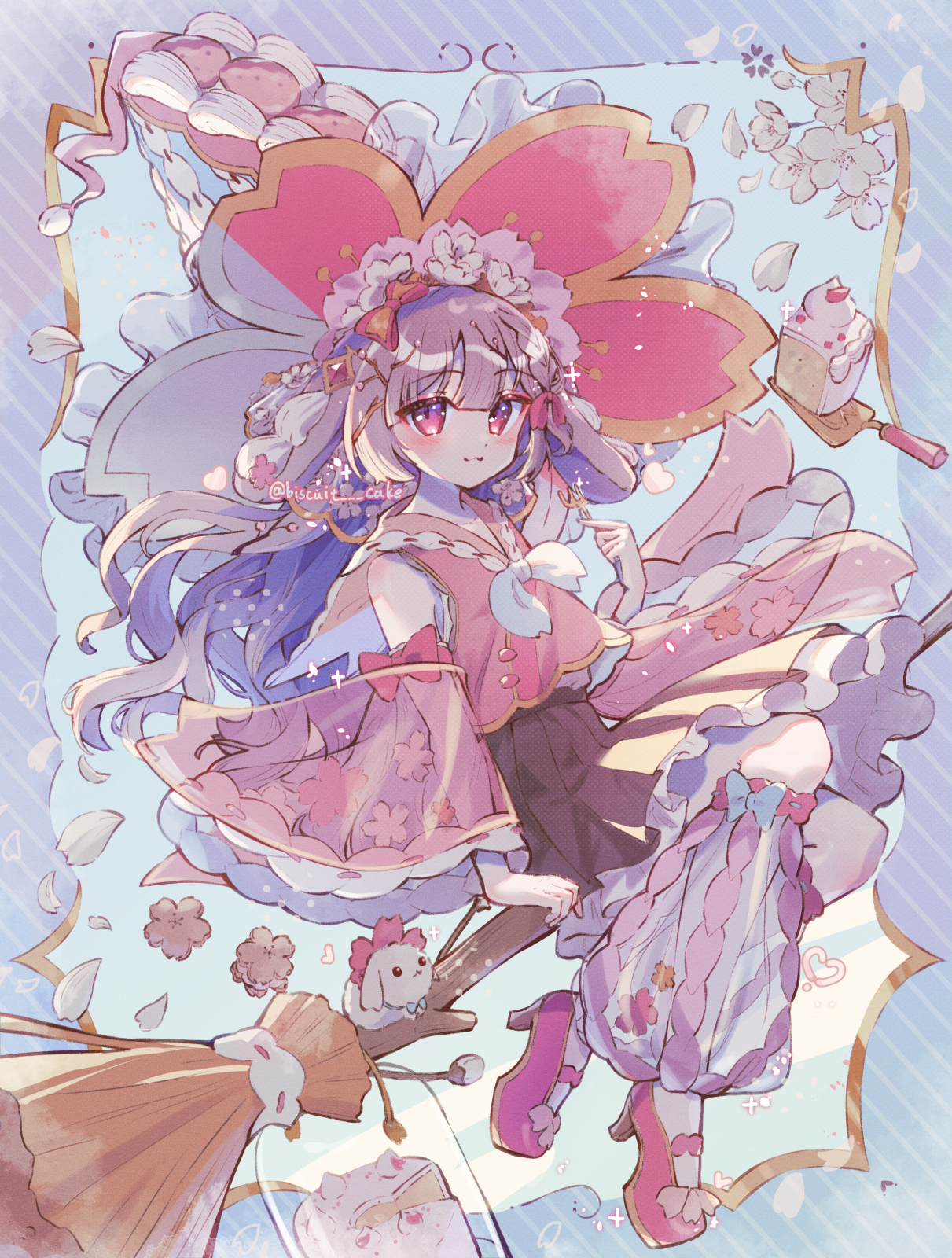 tsukumi bis, original, commentary, highres, symbol-only commentary, 1girl, :3, animal, animal ears, bare shoulders, blue background, blunt bangs, blush, bow, bowtie, broom, broom riding, brown hair, brown skirt, cake, cake slice, closed mouth, detached sleeves, floppy ears, food, frilled skirt, frilled sleeves, frills, full body, hand up, high heels, kneehighs, long hair, long sleeves, looking at viewer, pink shirt, pink shoes, pink sleeves, pleated skirt, rabbit, rabbit ears, red bow, red eyes, see-through clothes, see-through legwear, shirt, shoes, skirt, sleeve bow, sleeveless, sleeveless shirt, socks, solo, twitter username, white bow, white bowtie, wide sleeves