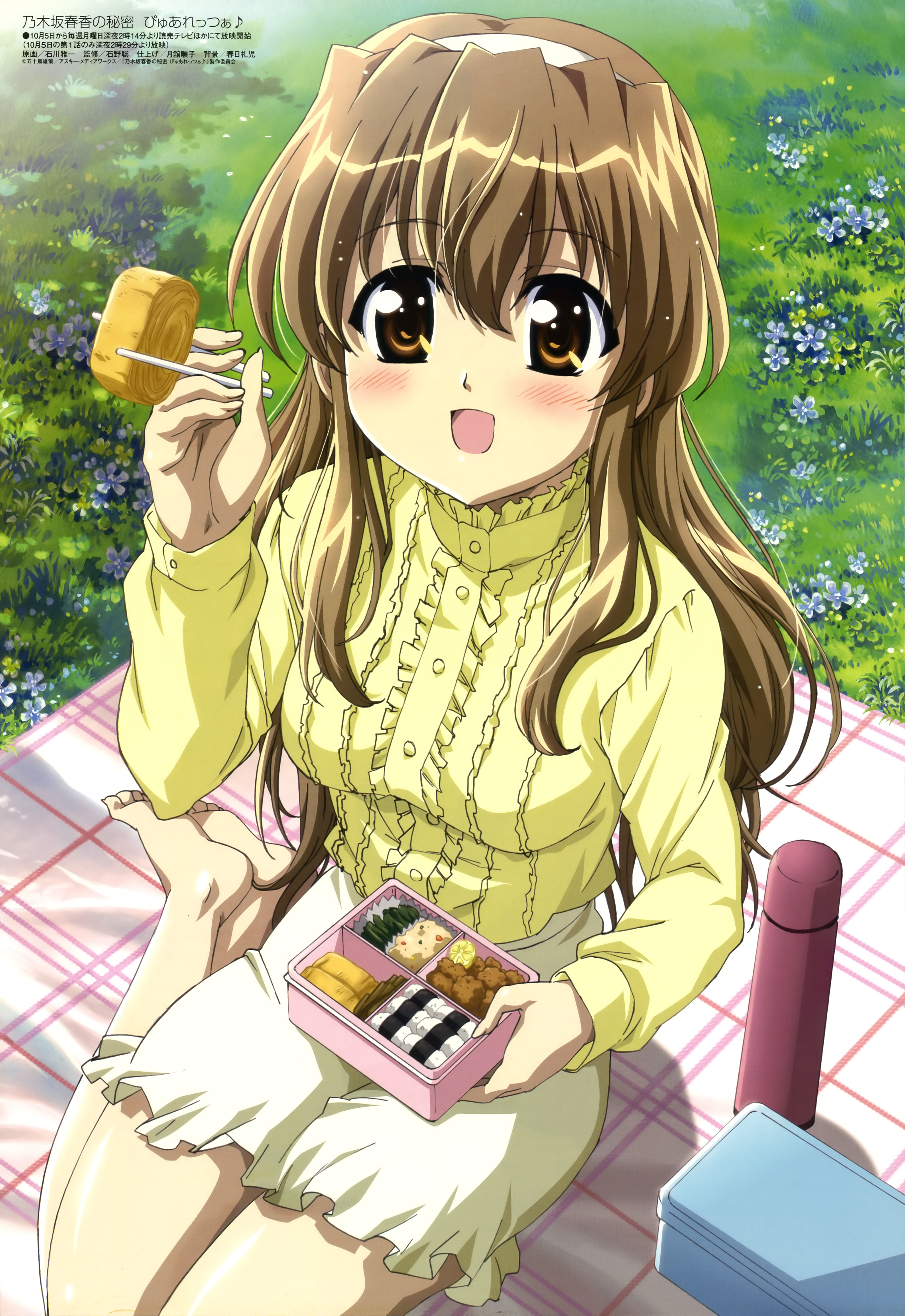 ishikawa masakazu, nogizaka haruka, megami magazine, nogizaka haruka no himitsu, absurdres, highres, official art, 00s, 1girl, barefoot, bento, blush, breasts, brown eyes, brown hair, drink, feet, female focus, food, grass, headband, long hair, nature, omelet, open mouth, outdoors, picnic, solo, tamagoyaki, very long hair