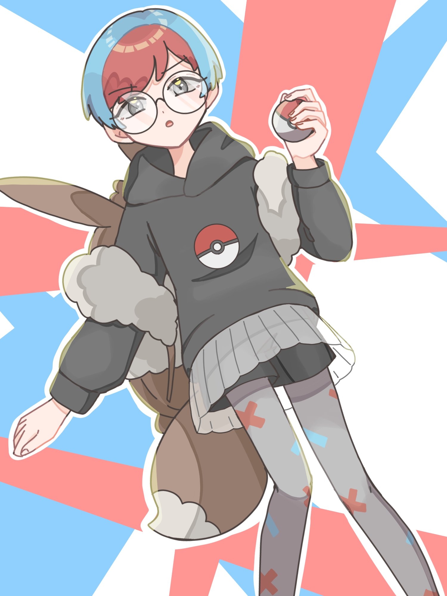tironeko, penny (pokemon), nintendo, pokemon, pokemon sv, commentary request, highres, 1girl, :o, blue hair, brown bag, character backpack, dot nose, dutch angle, eevee backpack, eyelashes, glasses, grey eyes, grey hoodie, grey pantyhose, grey shorts, holding, holding poke ball, hood, hood down, hoodie, long sleeves, multicolored hair, open mouth, outline, pantyhose, poke ball, poke ball (basic), poke ball print, print pantyhose, red hair, round eyewear, see-through clothes, see-through skirt, short hair, shorts, shorts under skirt, skirt, solo, two-tone hair, very short hair, white outline