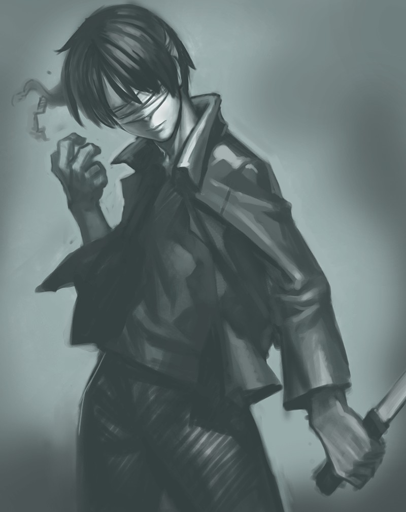 nfb-zmc, satsujinki, tohno shiki, tsukihime, 00s, 1boy, aqua theme, bandages, blindfold, blue theme, greyscale, knife, male focus, monochrome, reverse grip, solo