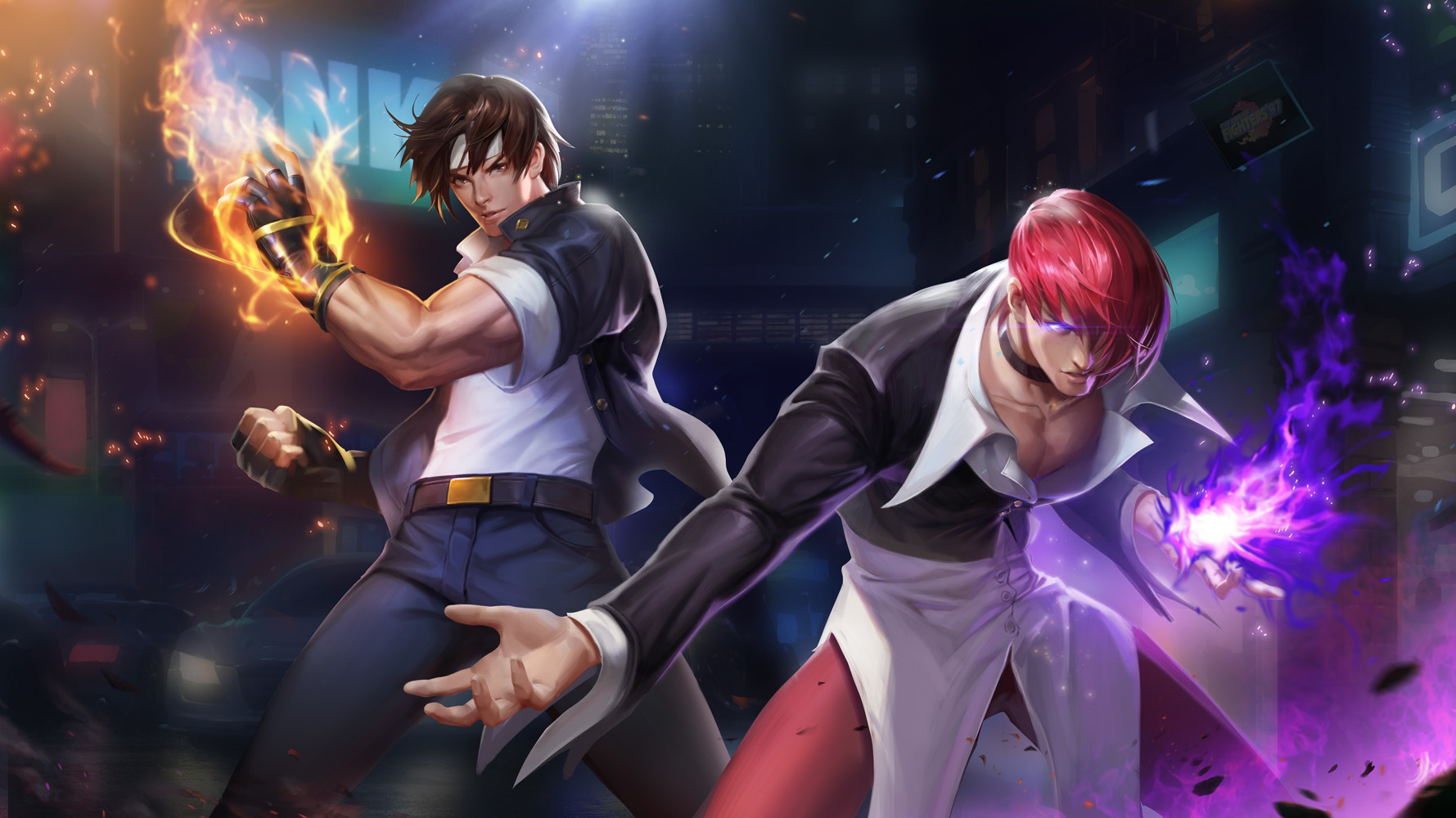 kusanagi kyou, yagami iori, the king of fighters, 2boys, fire, gloves, iori yagami, jiahong pan, jiahongpan, kyo kusanagi, male focus, male hand, multiple boys, pyrokinesis