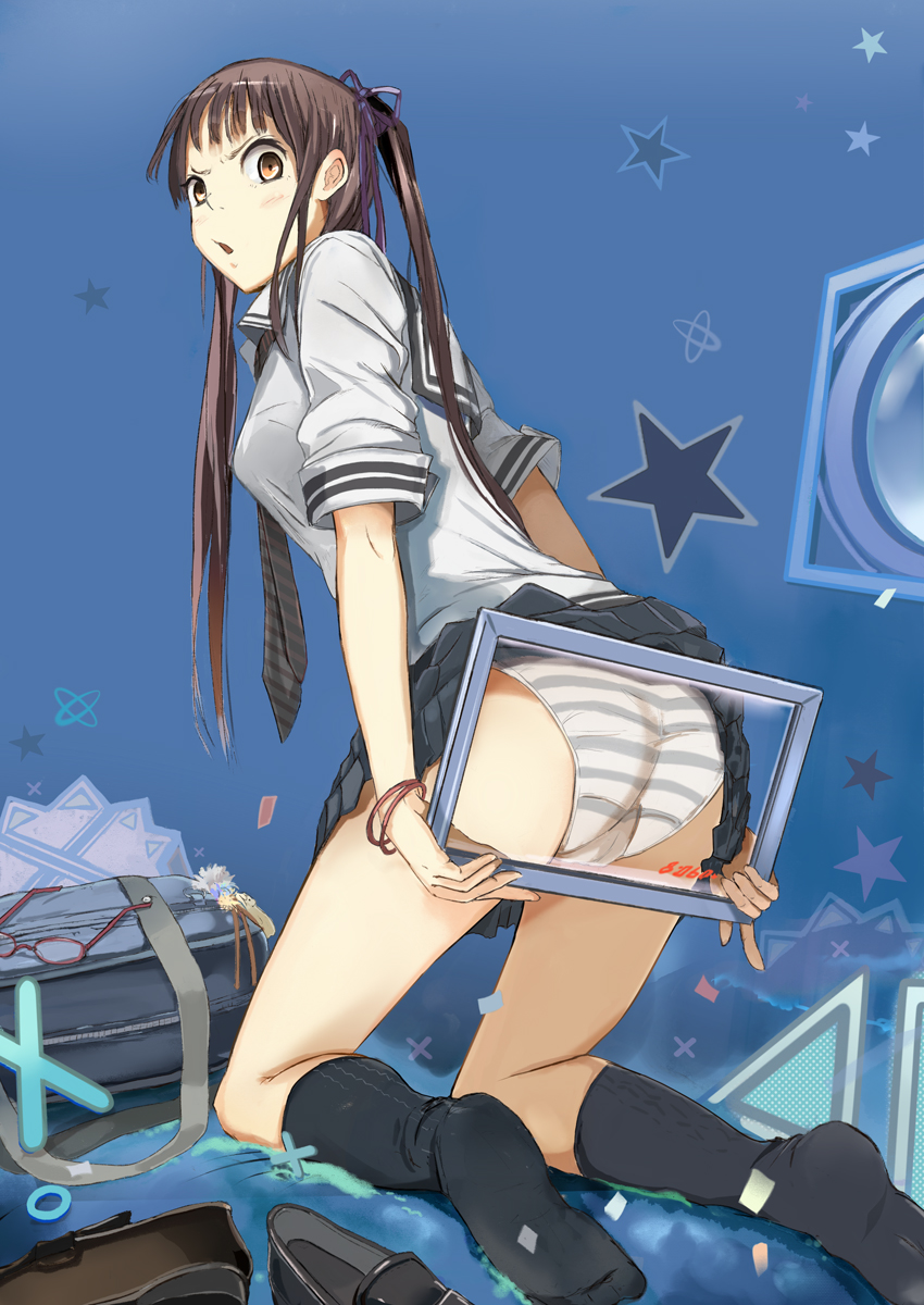 moka. tapioka, original, highres, 1girl, ass, back, black socks, blouse, brown eyes, brown hair, clothes lift, feet, female focus, grey panties, hair ribbon, kneehighs, kneeling, legs, loafers, long hair, looking back, necktie, panties, pleated skirt, raised eyebrow, ribbon, school uniform, serafuku, shirt, shoes, skirt, skirt lift, socks, solo, striped clothes, striped panties, trefoil, twintails, underwear