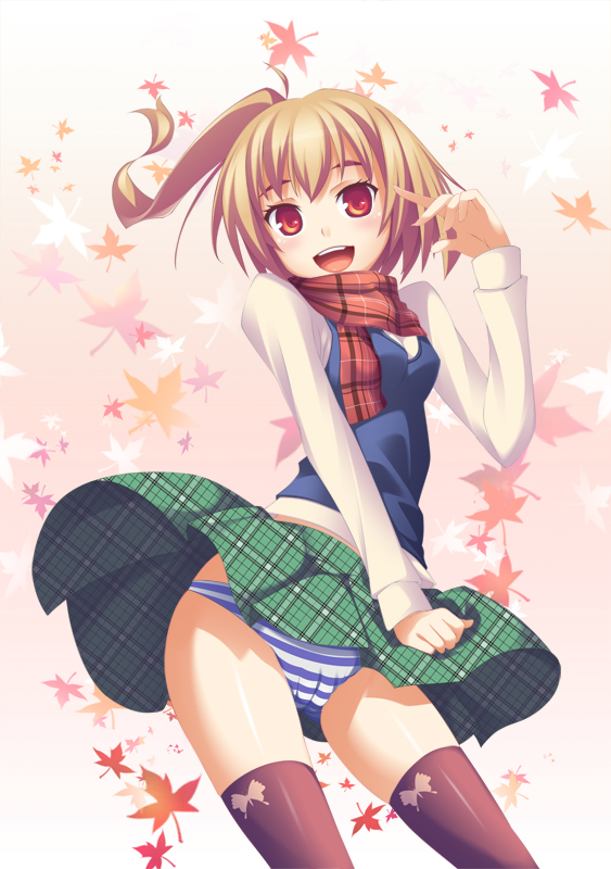 paseri 3gou, bad id, bad pixiv id, 1girl, brown hair, cameltoe, female focus, panties, plaid clothes, plaid scarf, plaid skirt, red eyes, scarf, skirt, solo, striped clothes, striped panties, thighhighs, underwear, upskirt, wind, wind lift
