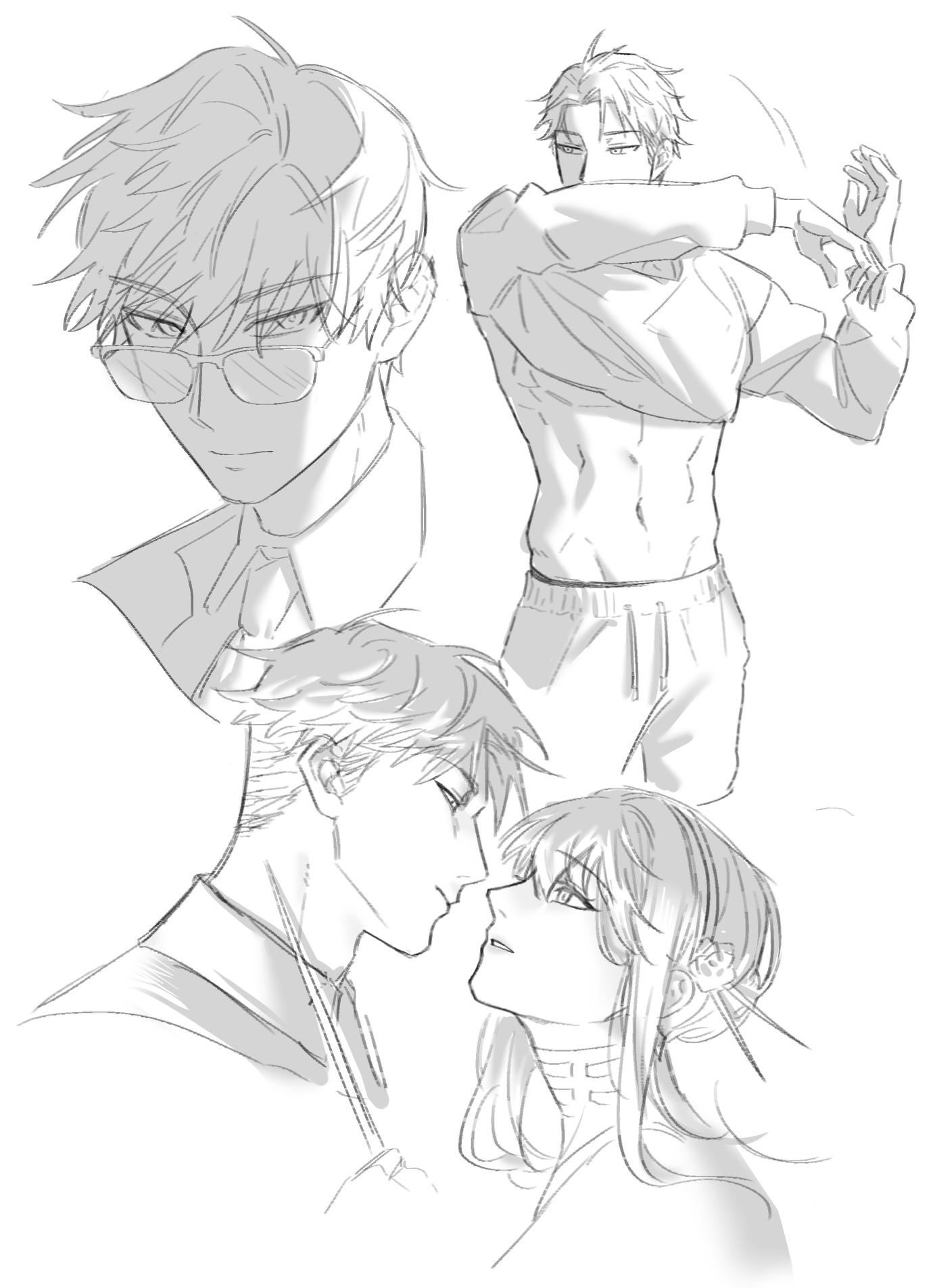siro666b, twilight (spy x family), yor briar, spy x family, commentary request, highres, korean commentary, 1boy, 1girl, abs, choker, dagger, dressing, glasses, greyscale, hairband, hetero, hip bones, holding, holding dagger, holding knife, holding weapon, husband and wife, imminent kiss, knife, monochrome, navel, necktie, pants, stiletto (weapon), sweater, sweatpants, weapon