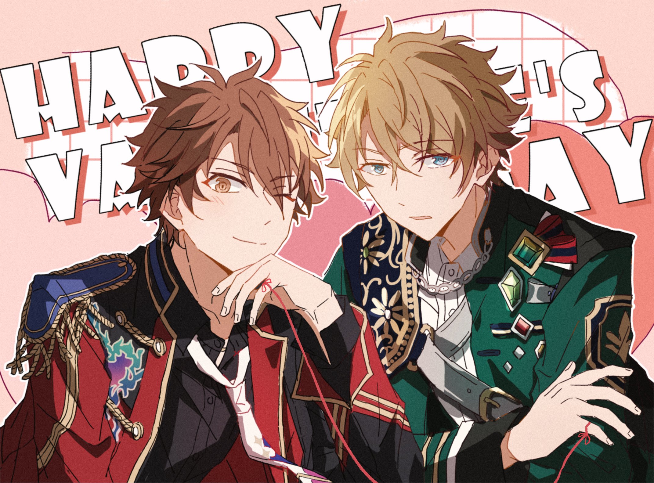 llmtmllmt, morisawa chiaki, takamine midori, ensemble stars!, commentary request, highres, 2boys, brown eyes, chain, closed mouth, collar chain (jewelry), eyes visible through hair, feature scout 2 (ensemble stars!), fingernails, floral print, gem, hand up, happy valentine, jacket, long sleeves, looking at viewer, male focus, multiple boys, necktie, official alternate color, official alternate costume, one eye closed, open clothes, open jacket, parted lips, short hair, smile, string, string of fate, upper body, white necktie