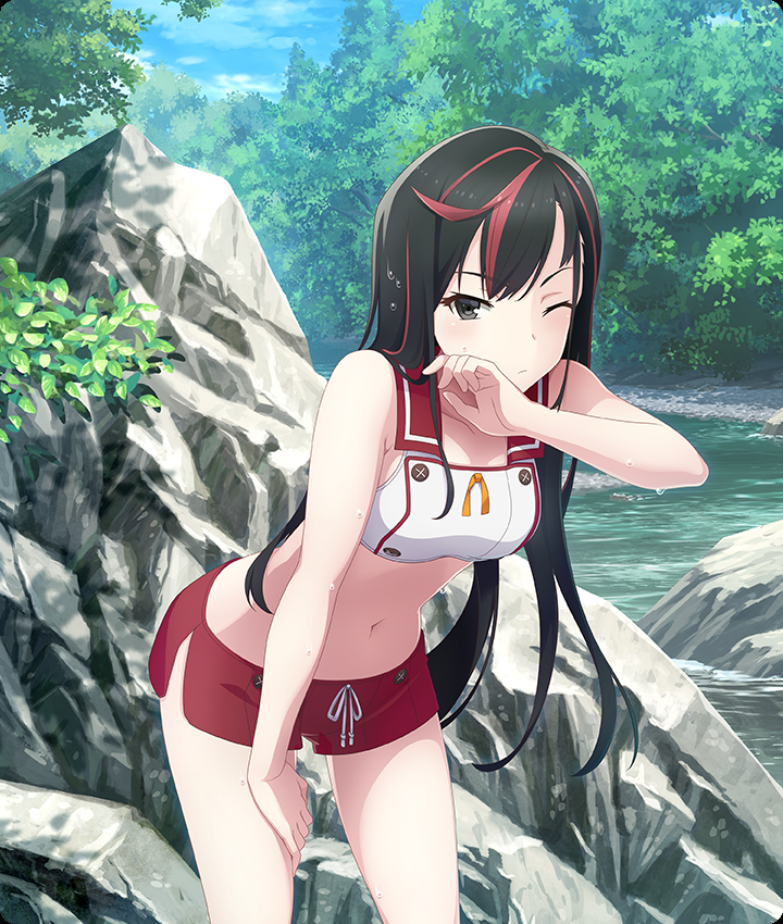 inago akira, toji no miko, toji no miko: kizamishi issen no tomoshibi, game cg, official art, third-party source, 1girl, adapted costume, bikini, bikini shorts, black eyes, black hair, blue sky, breasts, closed mouth, cloud, collarbone, cowboy shot, day, dot nose, hand on own thigh, hand up, leaning forward, long hair, looking at viewer, medium breasts, minoseki gakuin uniform, multicolored hair, nature, navel, one eye closed, outdoors, red sailor collar, red shorts, red streaks, river, sailor collar, shorts, side slit, sky, solo, stomach, streaked hair, swimsuit, tree, wet, white bikini