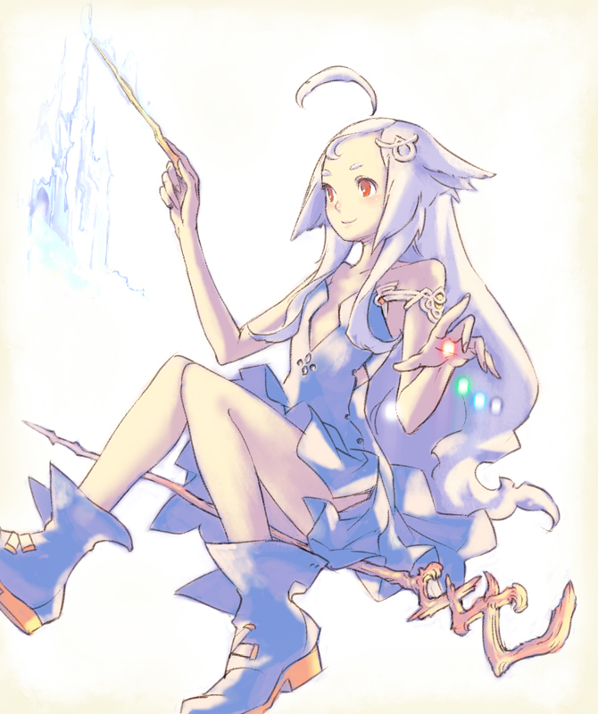 hisakata souji, pixiv-tan, pixiv, bad id, bad pixiv id, 1girl, blue hair, boots, female focus, off shoulder, red eyes, solo, staff, wand, white boots