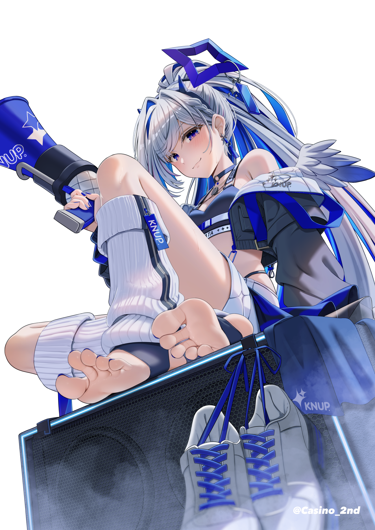 casino (casinoep), amane kanata, amane kanata (lock on), hololive, highres, 1girl, black jacket, blue eyes, blush, colored inner hair, crop top, earrings, feathered wings, from below, full body, grey hair, halo, holding, holding megaphone, jacket, jewelry, knee up, leg warmers, long hair, megaphone, multicolored hair, official alternate costume, open clothes, open jacket, ponytail, shoes, simple background, sitting, solo, stirrup legwear, toeless legwear, unworn shoes, very long hair, white background, wings