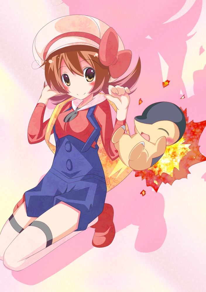plus9, cyndaquil, lyra (pokemon), nintendo, pokemon, pokemon hgss, bad id, bad pixiv id, 00s, 1girl, gen 2 pokemon, hat, hat ribbon, overalls, pokemon (creature), red ribbon, ribbon, thighhighs, twintails
