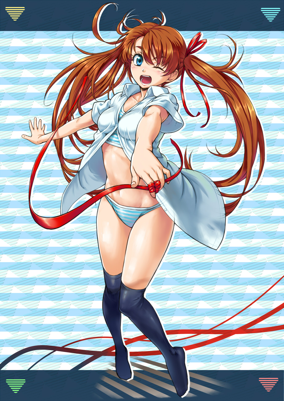 pirano, original, eyebrows, untied, bad id, bad pixiv id, highres, 1girl, ;d, black thighhighs, blue bra, blue eyes, blue panties, bottomless, bra, breasts, brown hair, dress shirt, female focus, full body, hair ribbon, legs, lingerie, long hair, navel, no pants, one eye closed, open clothes, open mouth, open shirt, panties, ribbon, shirt, smile, solo, standing, striped bra, striped clothes, striped panties, thighhighs, thighs, twintails, underwear, undressing, wink