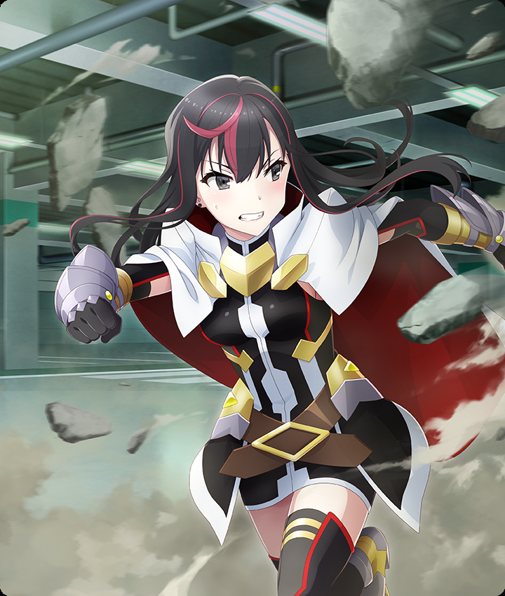 fate testarossa, fate testarossa (blaze iii), inago akira, lyrical nanoha, mahou shoujo lyrical nanoha detonation, toji no miko, toji no miko: kizamishi issen no tomoshibi, game cg, official art, third-party source, 1girl, belt, black dress, black hair, black thighhighs, blush, brown belt, cape, clenched hands, clenched teeth, cosplay, debris, dot nose, dress, dust cloud, earrings, fate testarossa (cosplay), gauntlets, grey eyes, indoors, jewelry, long hair, looking back, magical girl, motion blur, multicolored hair, parking garage, red cape, red streaks, running, small sweatdrop, solo, streaked hair, stud earrings, teeth, thighhighs, two-sided cape, two-sided fabric, white cape, zettai ryouiki